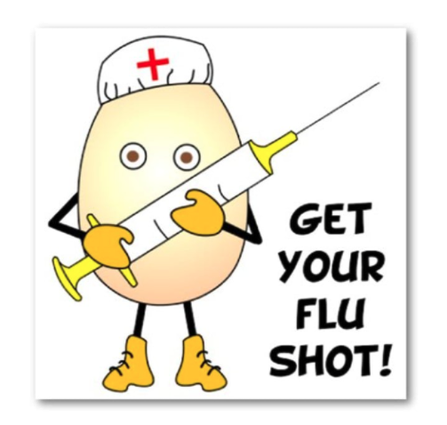 Get your flu shot. With flu shot mascot holding needle.