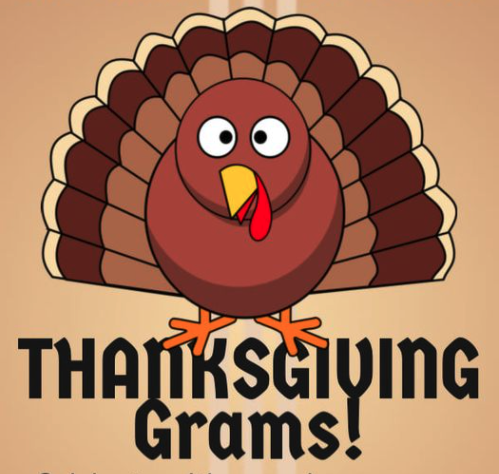 Animated turkey with text saying Thanksgiving grams!